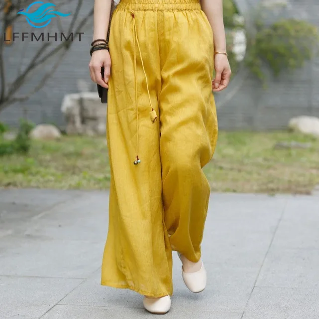 

Spring Summer Literary Ramie Casual Pants for Women Elastic High Waist Embroidered Loose Casual Thin Soft Comfortable Trousers