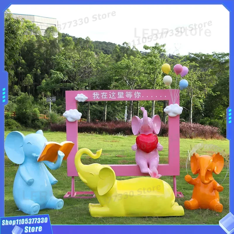 Outdoor FRP Cartoon Elephant Sculpture for Garden Landscape Public Park Lawn Decorative Ornament Photo Frame Check in Art