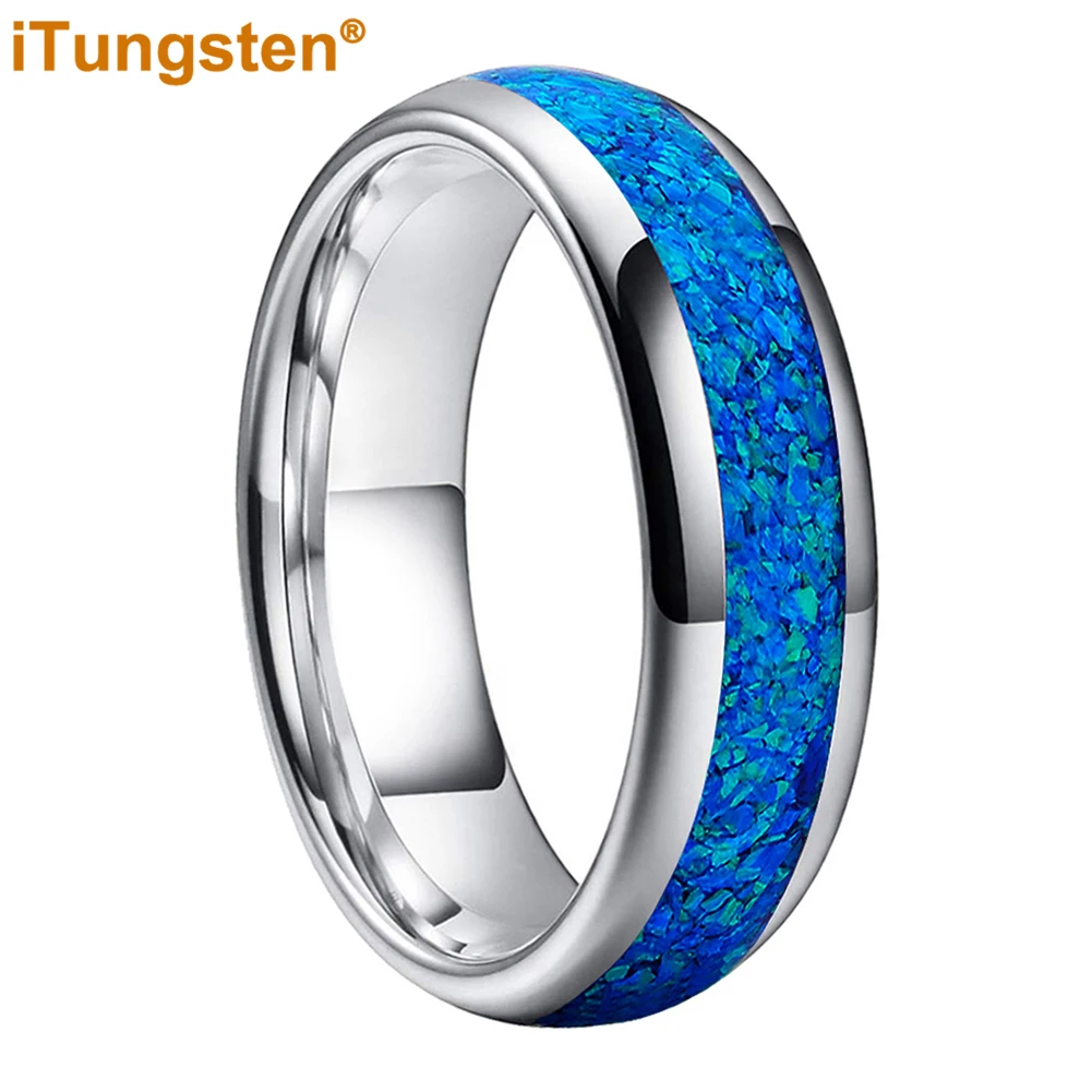 iTungsten 6mm 8mm Nice Engagement Wedding Band Tungsten Carbide Ring for Men Women Blue Opal Inlay Polished Comfort Fit