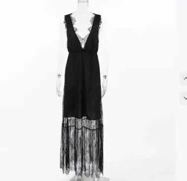 

Female Dresses 2025 Sexy Black Brocade Lace Temperament Dress Versatile and Sexy V-Neck Wide Truffle Back Women's Long Dress