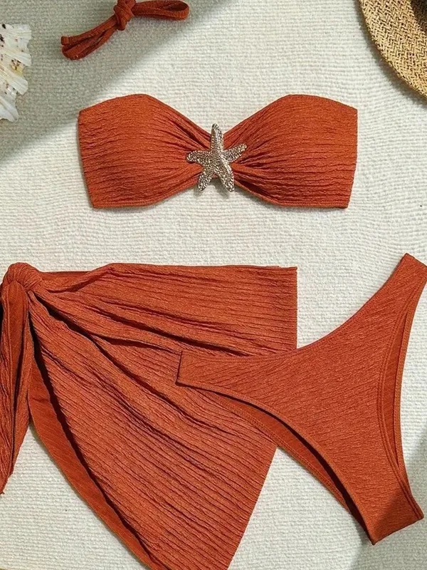 Neuer 2025 Dreiteiliger Bikini Badeanzug mit Strandrock Damen Badeanzug Cover-Up Sport Yoga Fitness Fans Zubehör