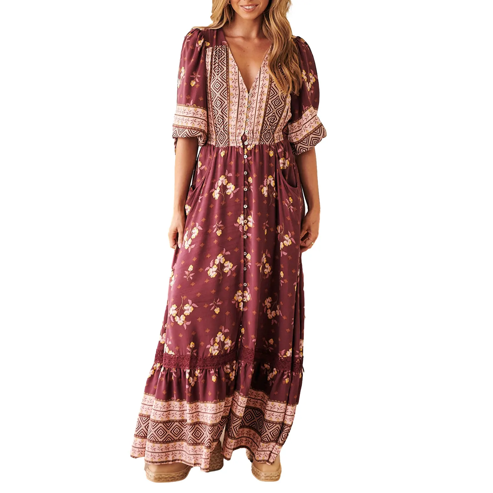 

Women Bohemian Print Long Dress Casual V Neck Half Sleeve Flowy Party Dress with Pocket for Beach Cocktail Fashion Elegant Dress