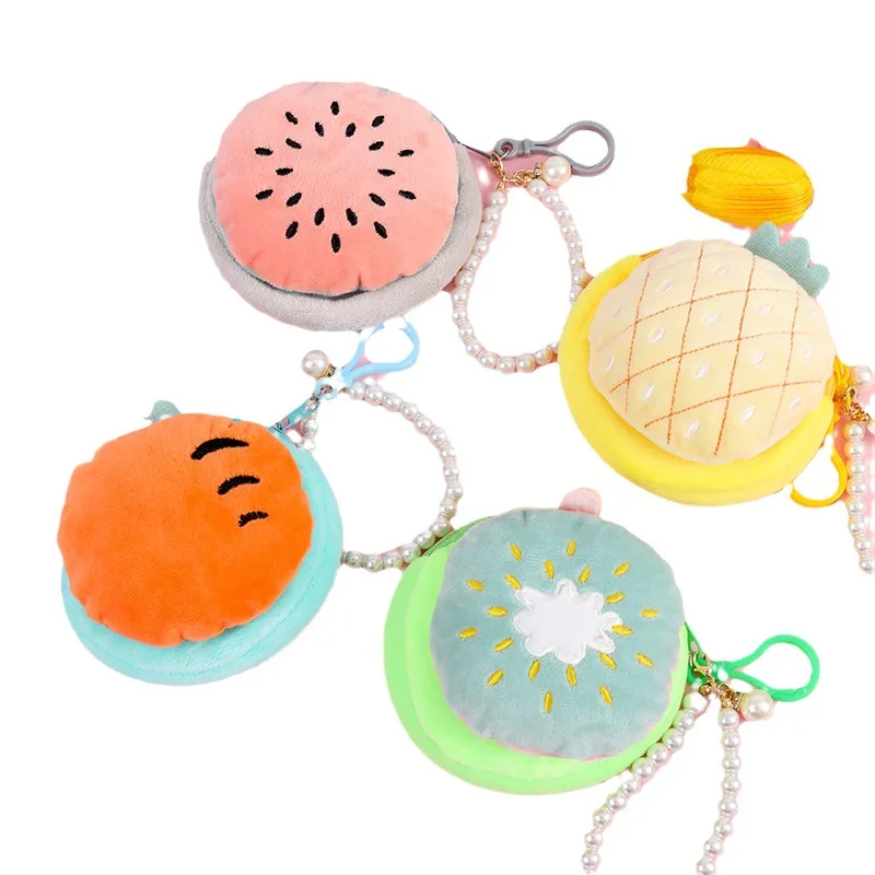 Cute Beaded Chain Fruit Shape Plush Coin Purse Watermelon Pineapple Orange Strawberry Purse Bag Pendant Kids Coin Pouch Wallet