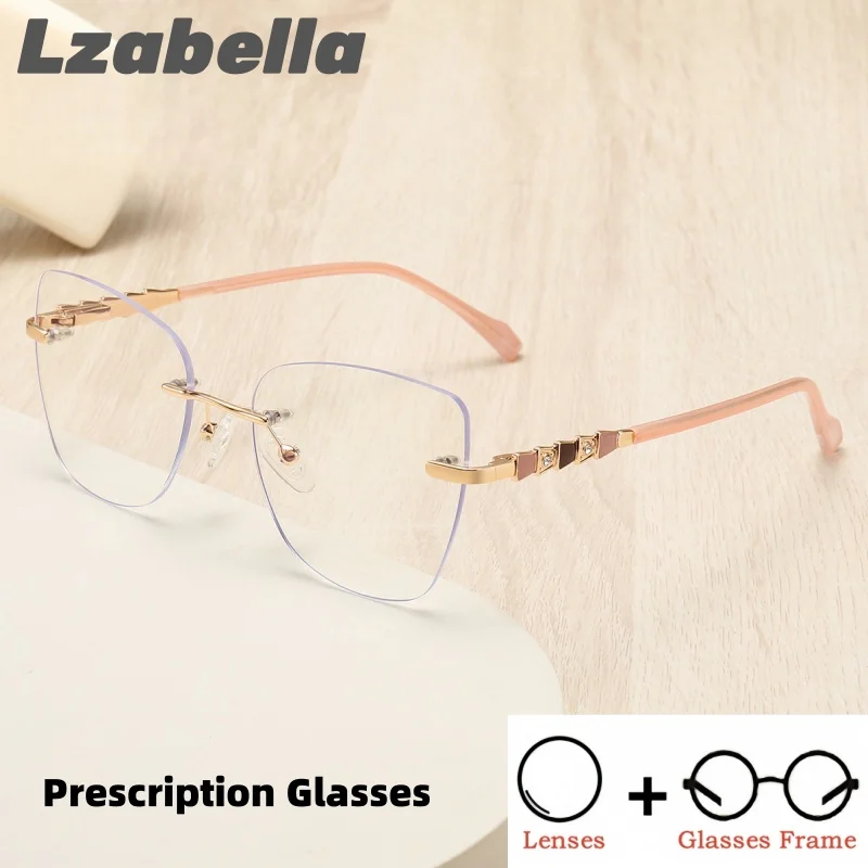 

Women Fashion Metal Glasses Rimless Reading Glasses Women Optical Lenses with Recipe Cat Eye Prescription Glasses Minus 24020