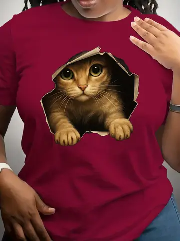 Summer Cute Kitten T-Shirts Kawaii Cat 3D Print Women's Round-Neck Short Sleeve T Shirt Harajuku Tees Y2k Tops Female Clothing