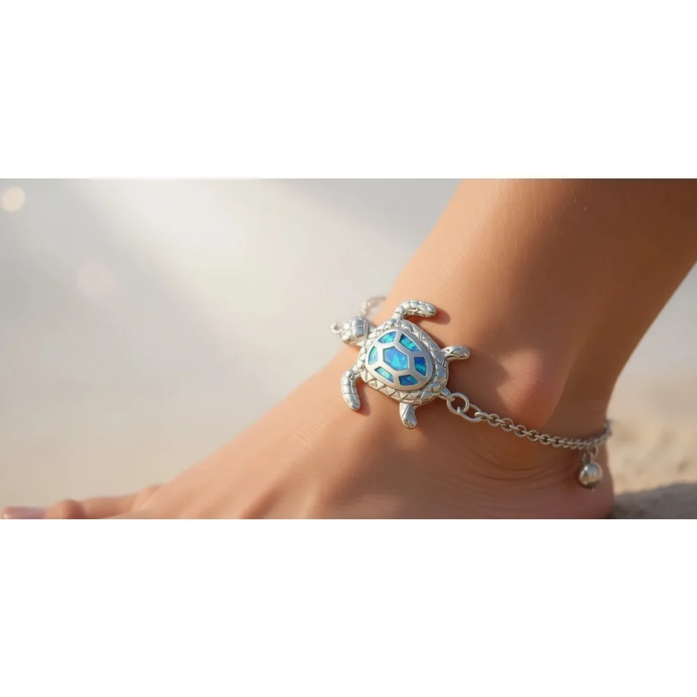 

Регулируемый браслет на ногу с голубым опалом и морской черепахой, из стерлингового серебра, изысканное украшение для женщин
