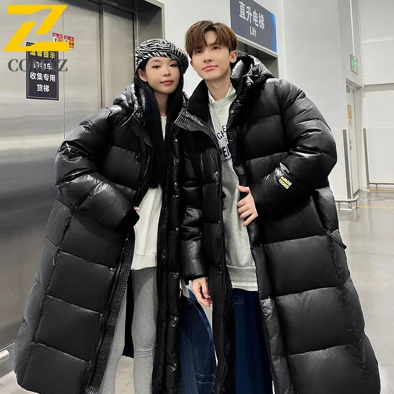 COMXZ Men Long Down Jacket Outdoor Travel Thickened Warm Parka Knee Length Design Cold Resistant Lightweight Winter Coat