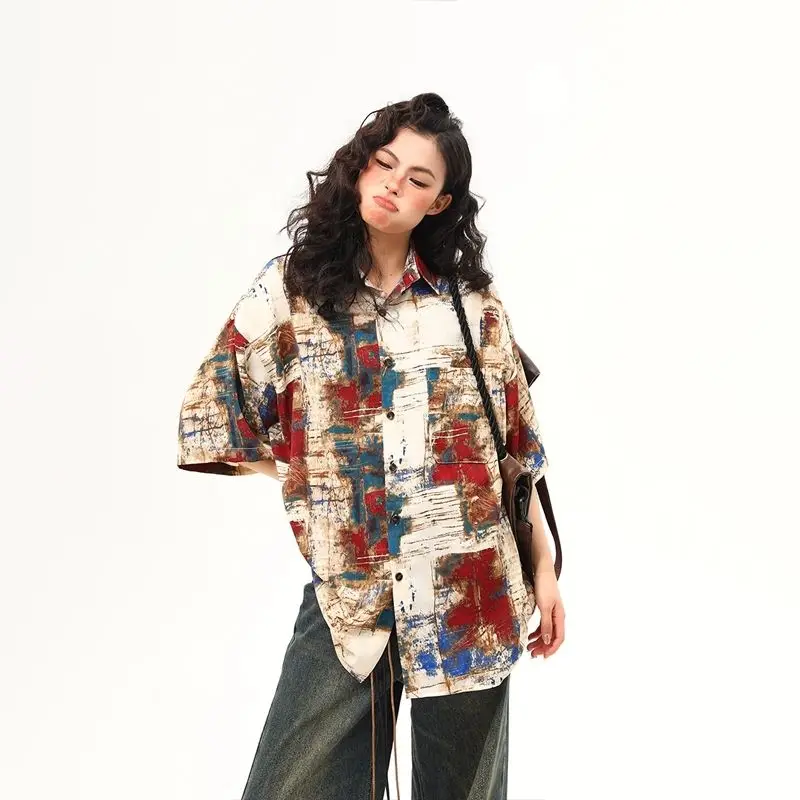 

Summer Casual Korean Fashion Loose Buttons Single Breasted Printing Short Sleeve Retro Fashion Easy Close to the People Wild