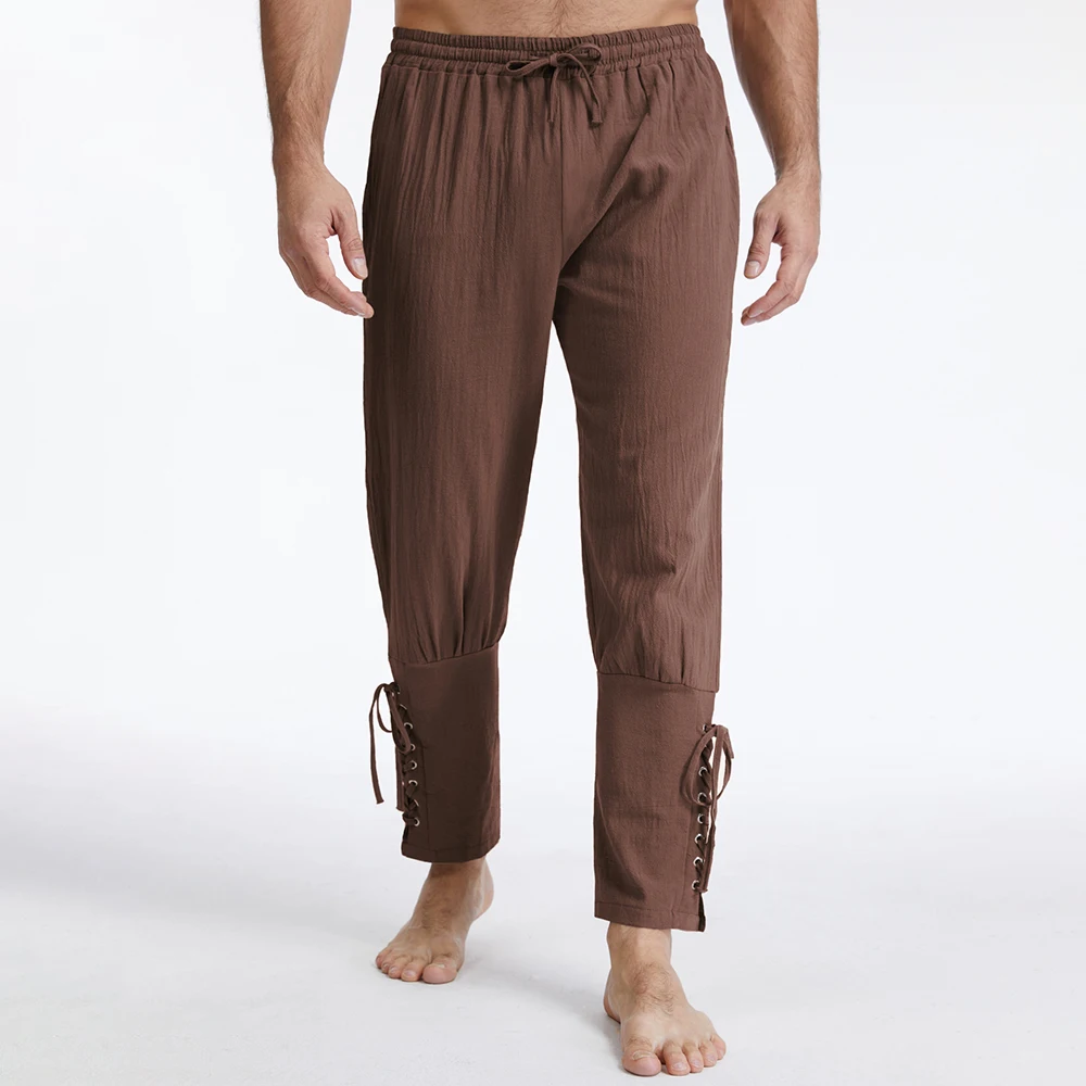 Vintage Cotton Linen Pants for Men Pirate Viking Costume Gothic Style Medieval Lace-up Trousers Solid Color Male Cozy Pants