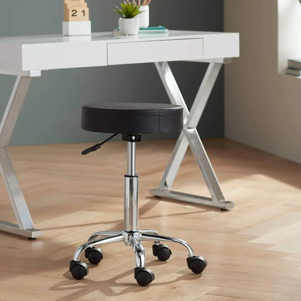 

Kelly Chrome Silver Metal Adjustable Swivel Bar Stool 24 1/2" High ern Black aux Leather Upholstered Rolling Caster Wheel or Kit