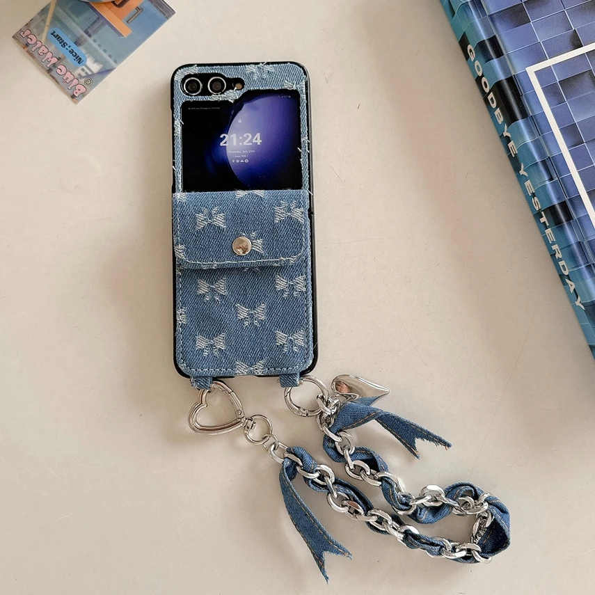 Card Solt Bag Denim Fabric Wallet Wrist Strap Case For Samsung Galaxy Z Flip 6 5 Fold 4 3 Bow Knot Shoulder Chain Lanyard Cover