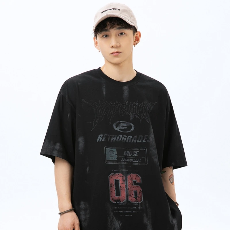 

Rubbed Color Do Old American Letter Print Short Sleeve T-Shirt Men's Summer Loose Cotton Half Sleeve Body Shirt