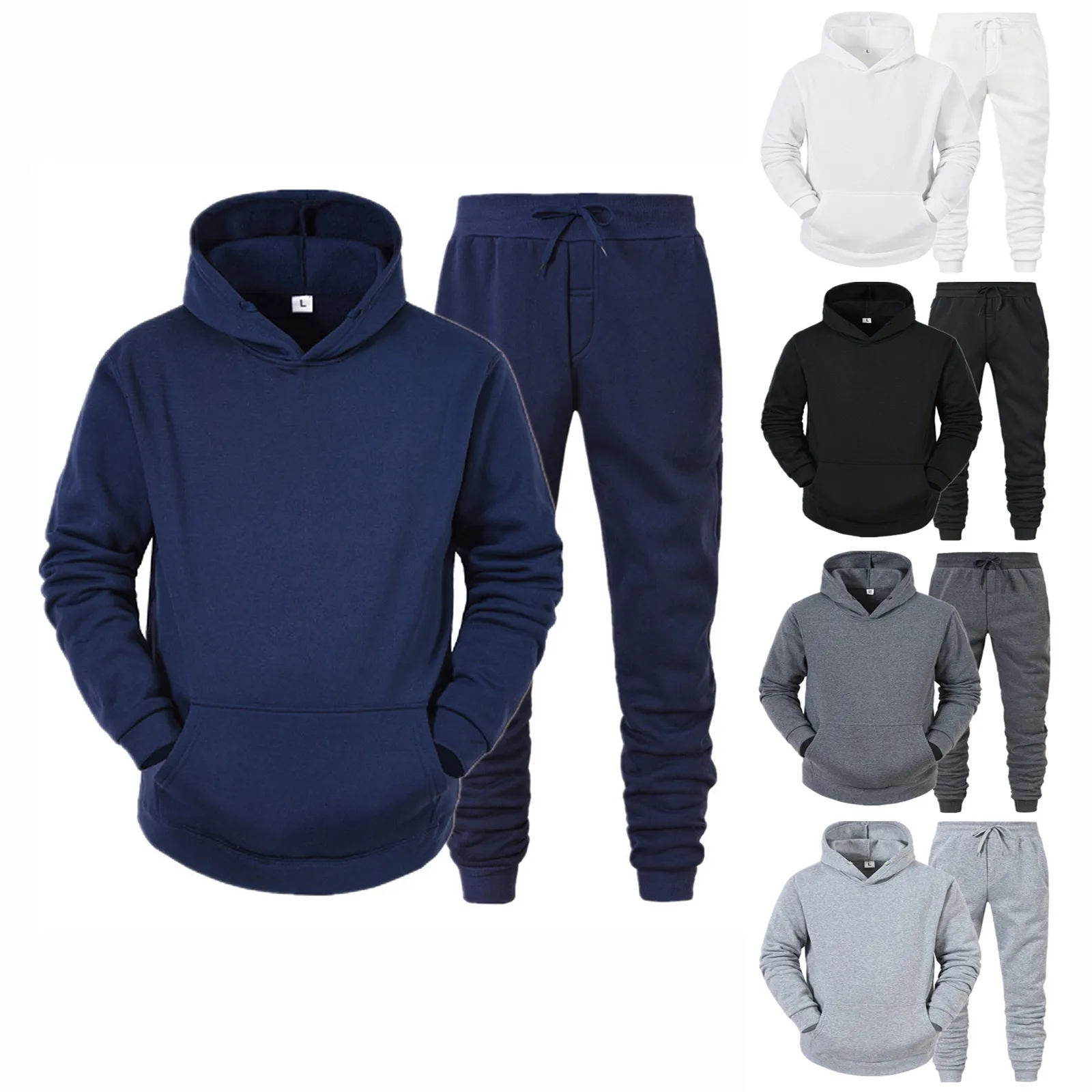 Men\'s Sets Hoodies+Pants Casual Tracksuit Sportswear Solid Pullovers Autumn Winter Fleece Suit Oversized Sweatershirts Outfits