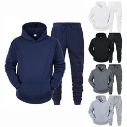 Conjunto de Sudadera con capucha y pantalones para hombre, chándal informal, ropa deportiva, jerséis sólidos, traje de lana de gran tamaño, trajes de otoño e invierno