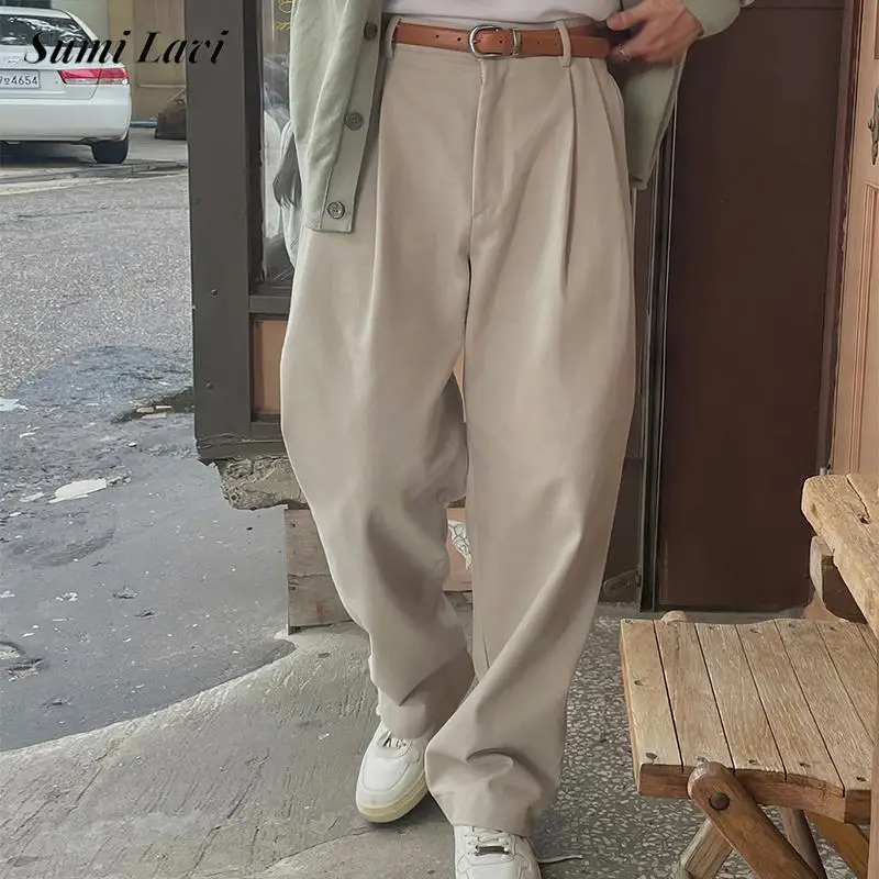 Fashionable Mens Suit Trousers Streetwear Vintage Solid Color Pleated Loose Straight Pants 2025 Spring Casual Buttoned Trousers