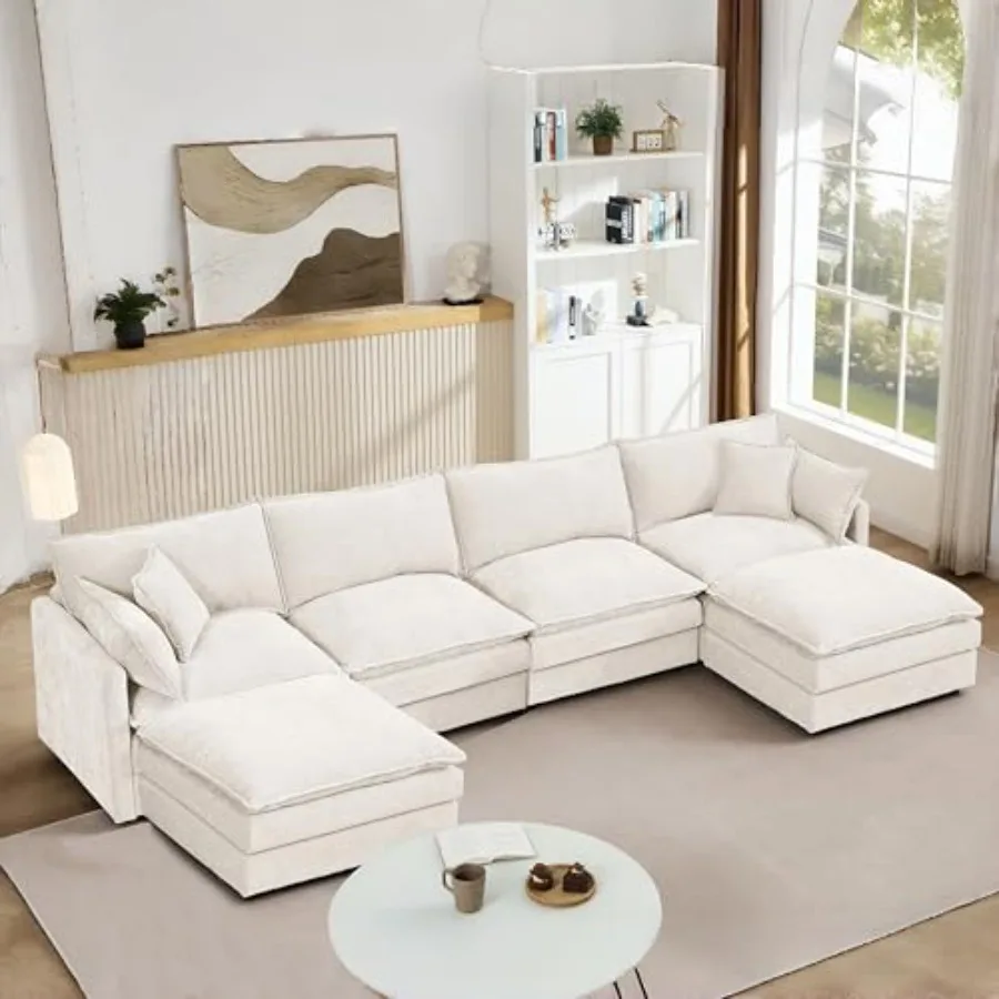 

130.71" Oversized Couch with 2 Ottomans - Deep Seat Chenille Modern U Shaped Sofa with Thickness Cushions and Pillows for Livin