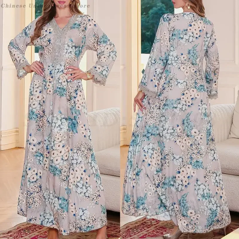 Moda impressão médio oriente roupas femininas muçulmano abayas retro férias maxi robe kaftan vestido longo islâmico ramadan turquia vestidos