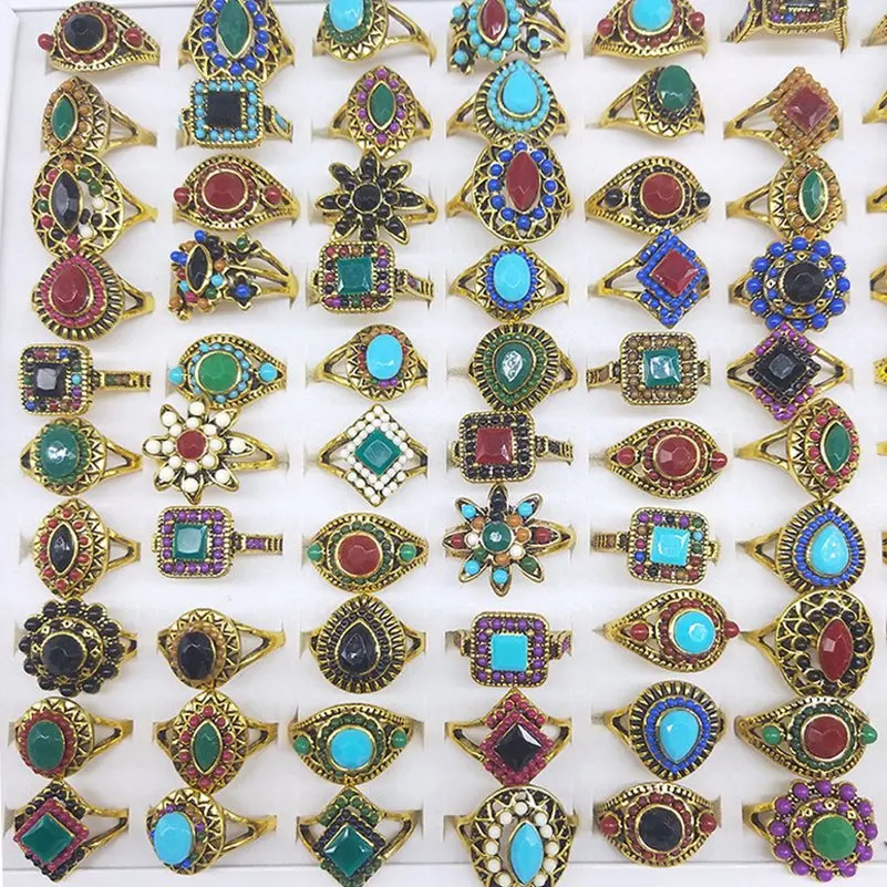 10Pcs Vintage Antique Gold Plated Rings for Women Mix Style Colorful Stone Beads Finger Rings Party Jewelry Gift Wholesale