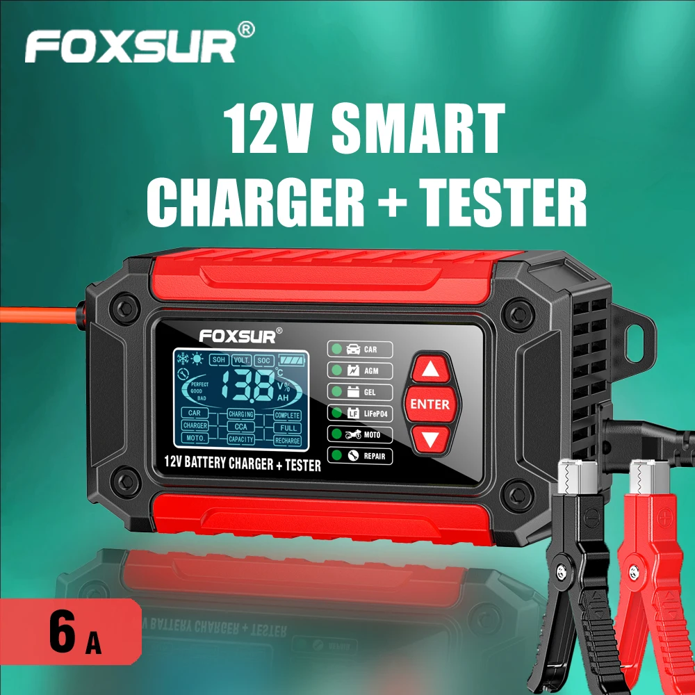 

FOXSUR 2 in 1 battery tester + battery analyser, 12V car motorcycle lead acid AGM Deep cycle LiFePo4 Smart Battery Charger