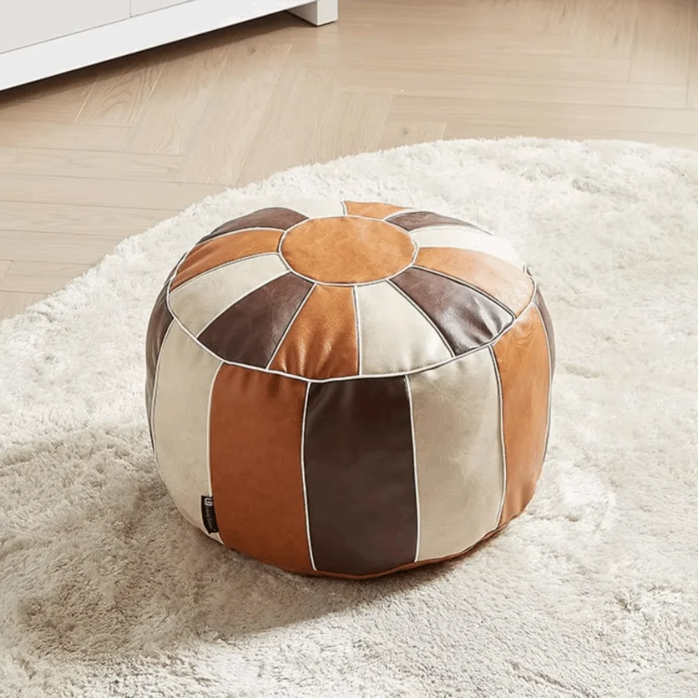 Moroccan Style PU Leather Storage Pouf Cover Unstuffed Splicing Footstool Seat Bag with Handle Pumpkin Shaped