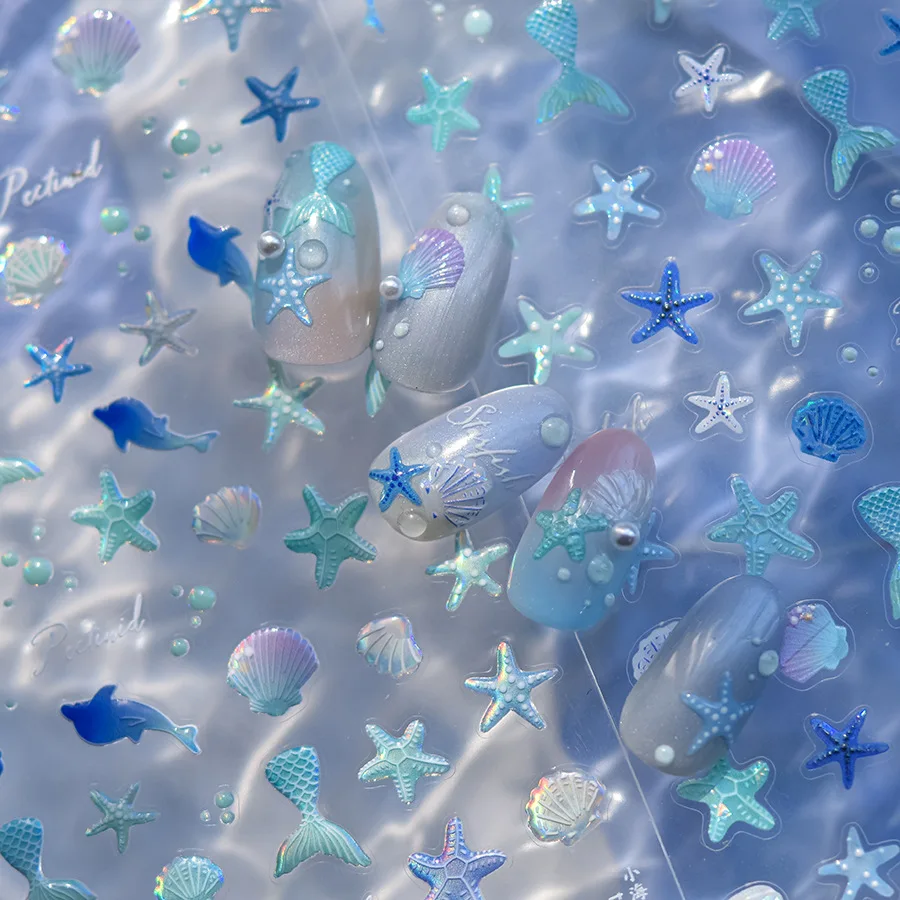 ملصقات فن الأظافر هلام المحيط ، نجم البحر 5D ، صدف ، زخرفة شارات الأظافر ، Y2K منقوش ، لوازم منزلق المانيكير ، الصيف