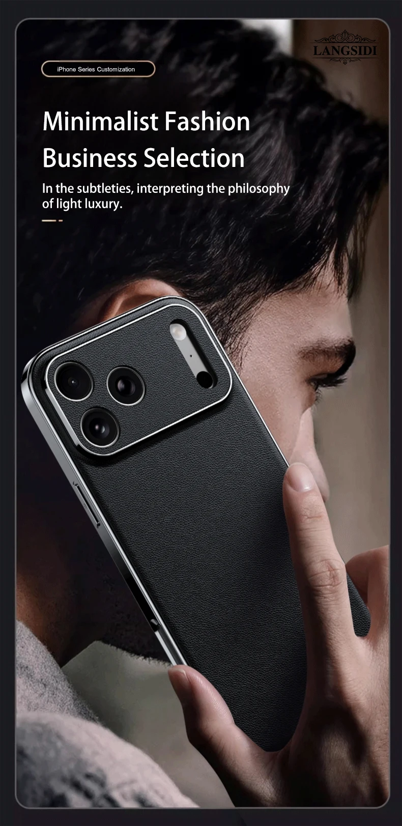 LANGSIDI Luxus-Leder-Handyhülle für iPhone 17 16 15 Pro Max Air 17 Pro 16 Pro, vollständiger Linsenschutz, Rückseite – Detail 3