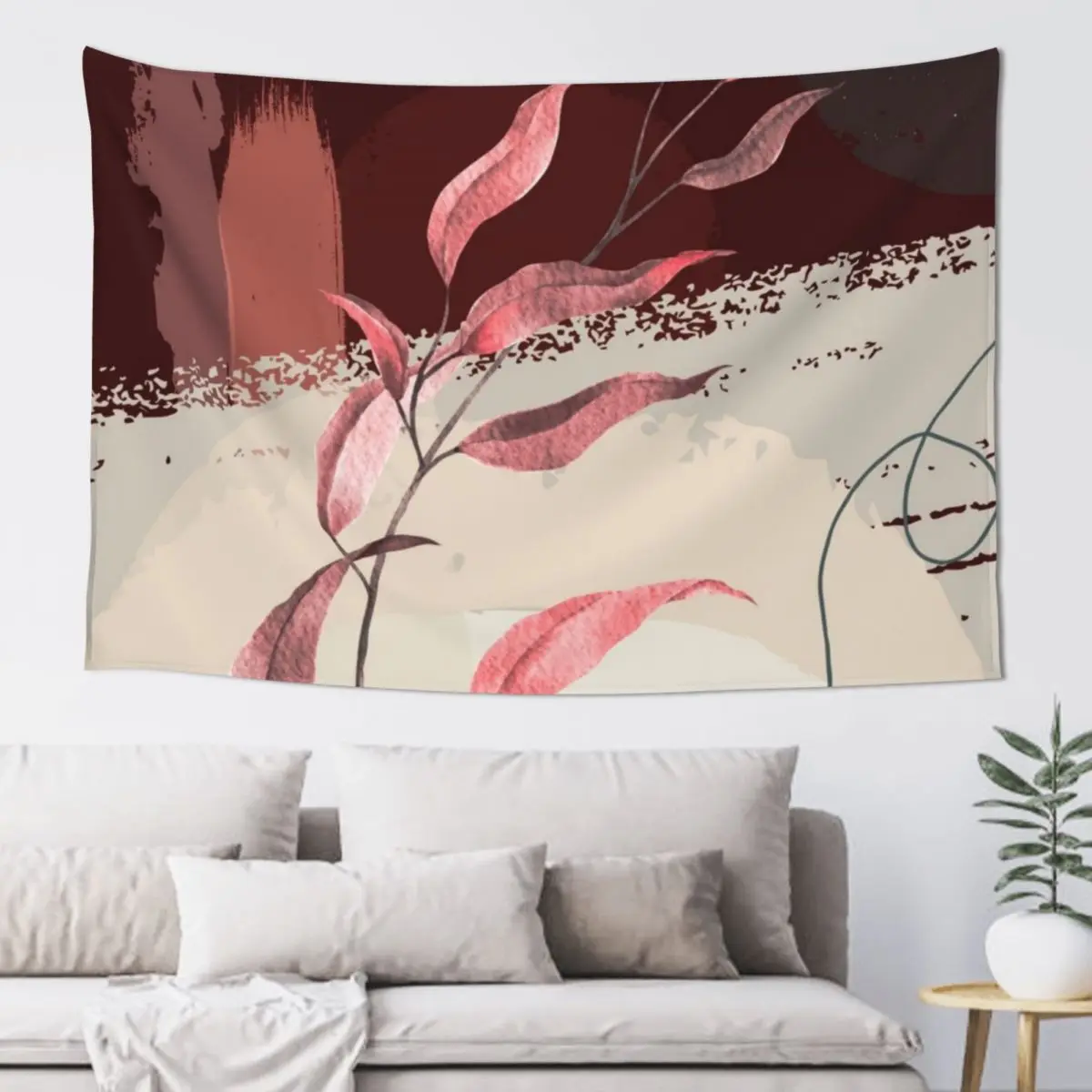 

Abstract Tropical Nature Minimalist Eucalyptus Twig Branch Watercolor Boho Minimalist geometry Art warm earthy tones pa Tapestry