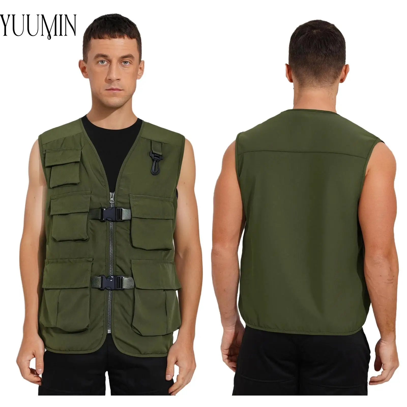 

Mens Womens Fashion Front Buckles Zipper Vest Sleeveless Waistcoat with Flap Pockets for Hip-Hop Skateboarding Camping Fishing