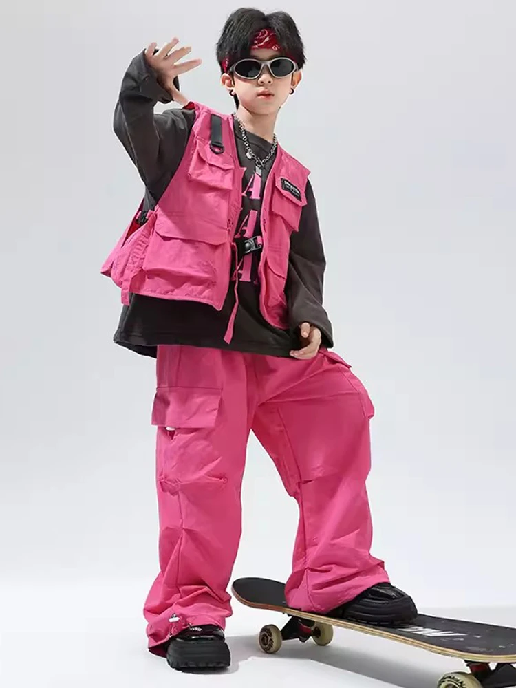 Pink Hip Hop Dance Costume Pockets Vest Pants Boys Street Dance Performance Suit Girls Modern Jazz Dance Clothes Rave BL11987