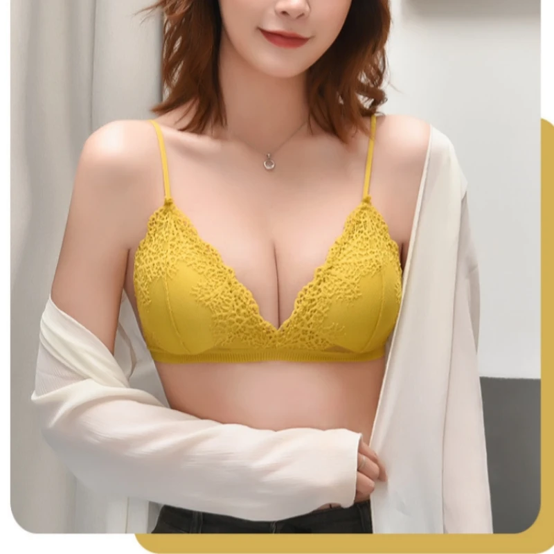 Women Bralette French Style Lace Bra Triangle Cup Lingerie Deep V Wireless Underwear Thin Seamless Bra Brassieres Soft Intimate