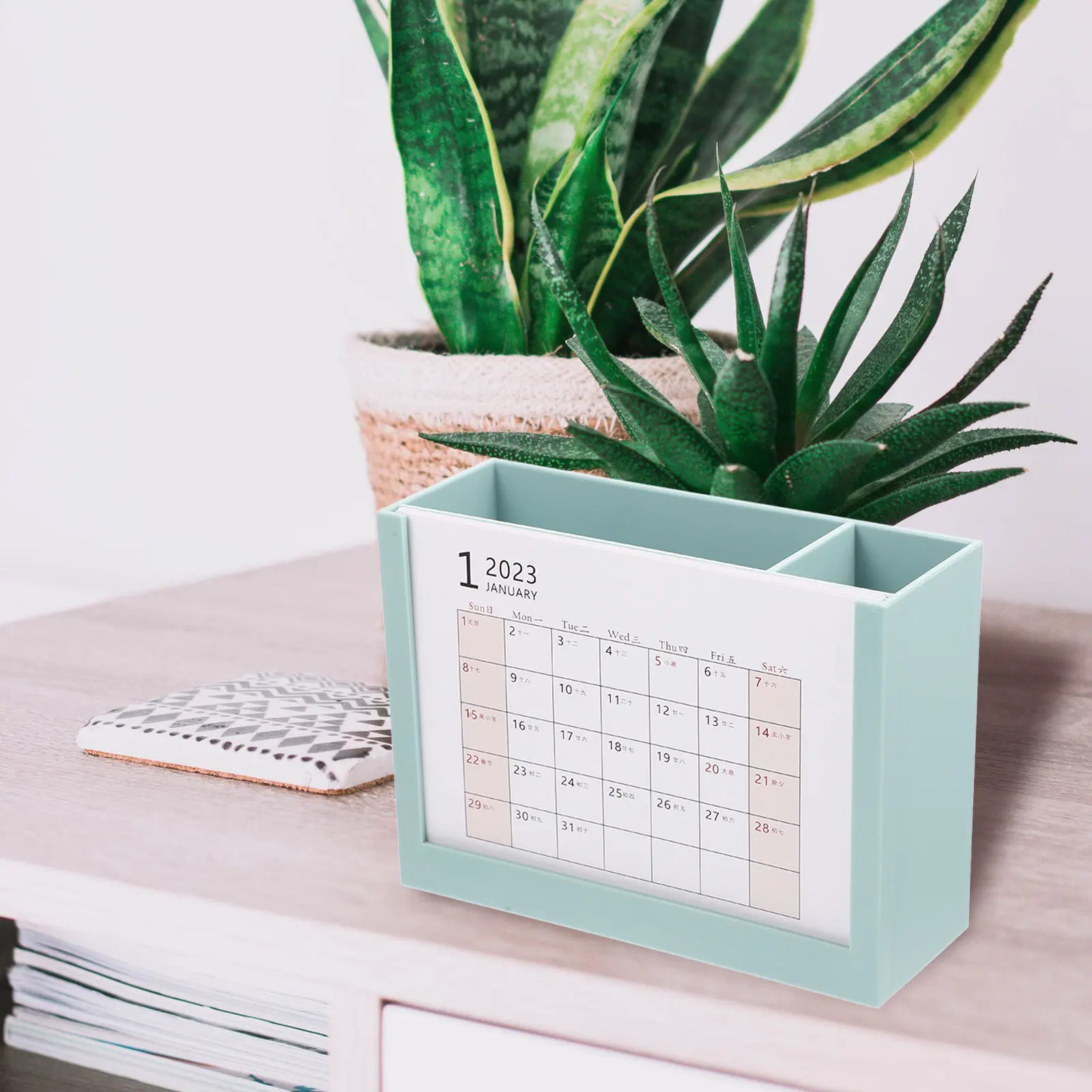 2023 Desktop Calendar Pen Holder Multi Functional Storage Organizer Compact Office Desk Daily Schedule Planner