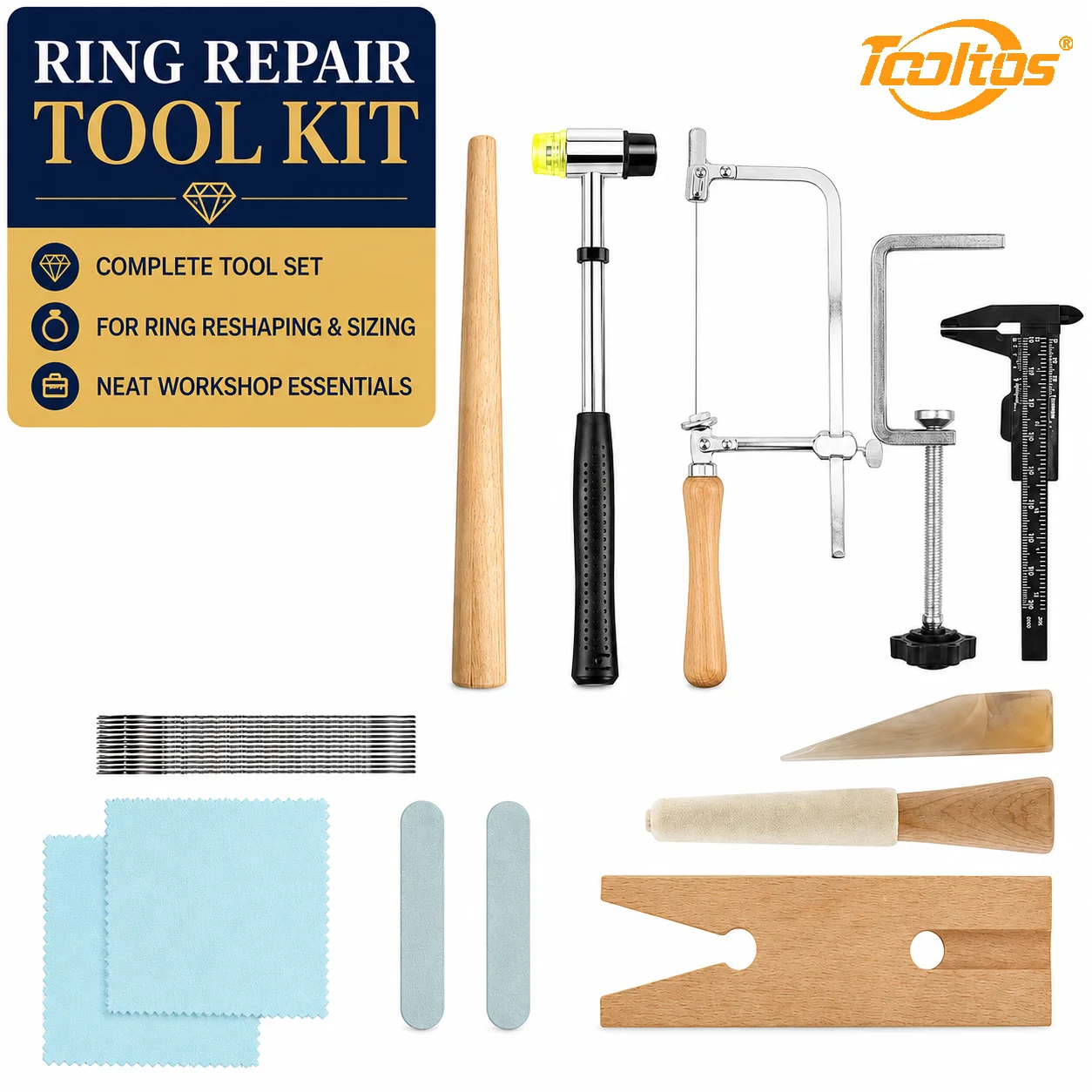 TOOLTOS 13PCS Jewelry Ring Repair Kit  Jeweler Saw Bench Clamp US UK Ring Mandrel Caliper Rubber Mallet Polishing Tools for Ring Making