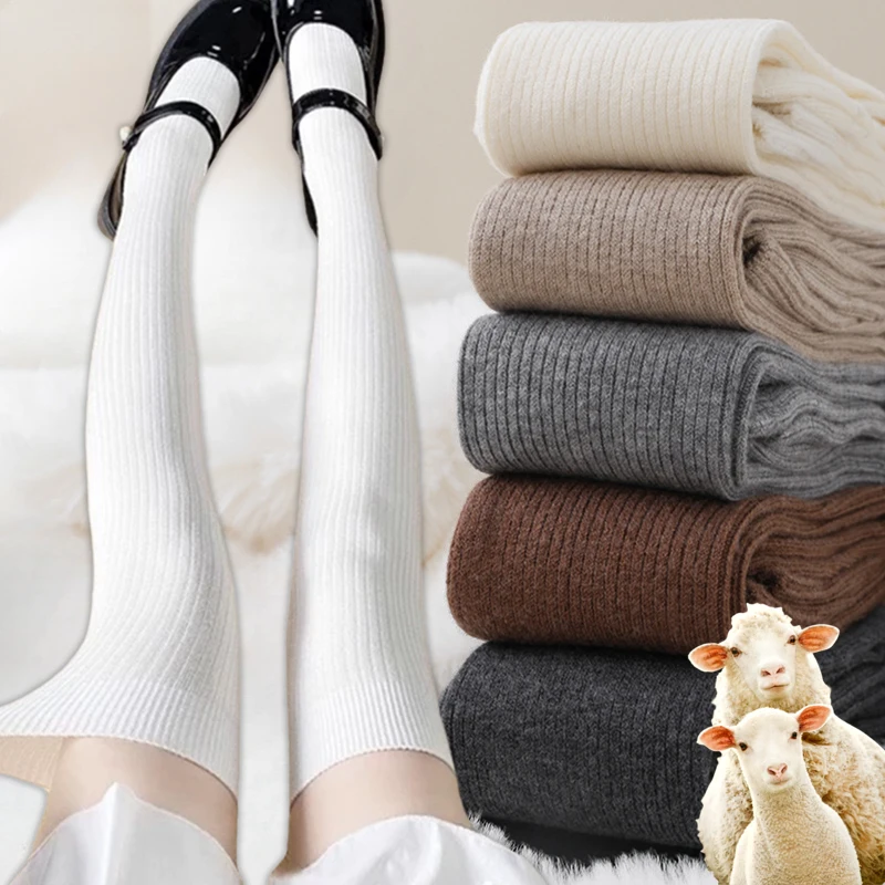 ถุงเท้าขนสัตว์ผู้หญิงฤดูใบไม้ร่วง/ฤดูหนาวสีทึบต้นขาสูง Medias Lolita หนาถุงน่องสีดําสีขาวถุงเท้ายาวสําหรับหญิง