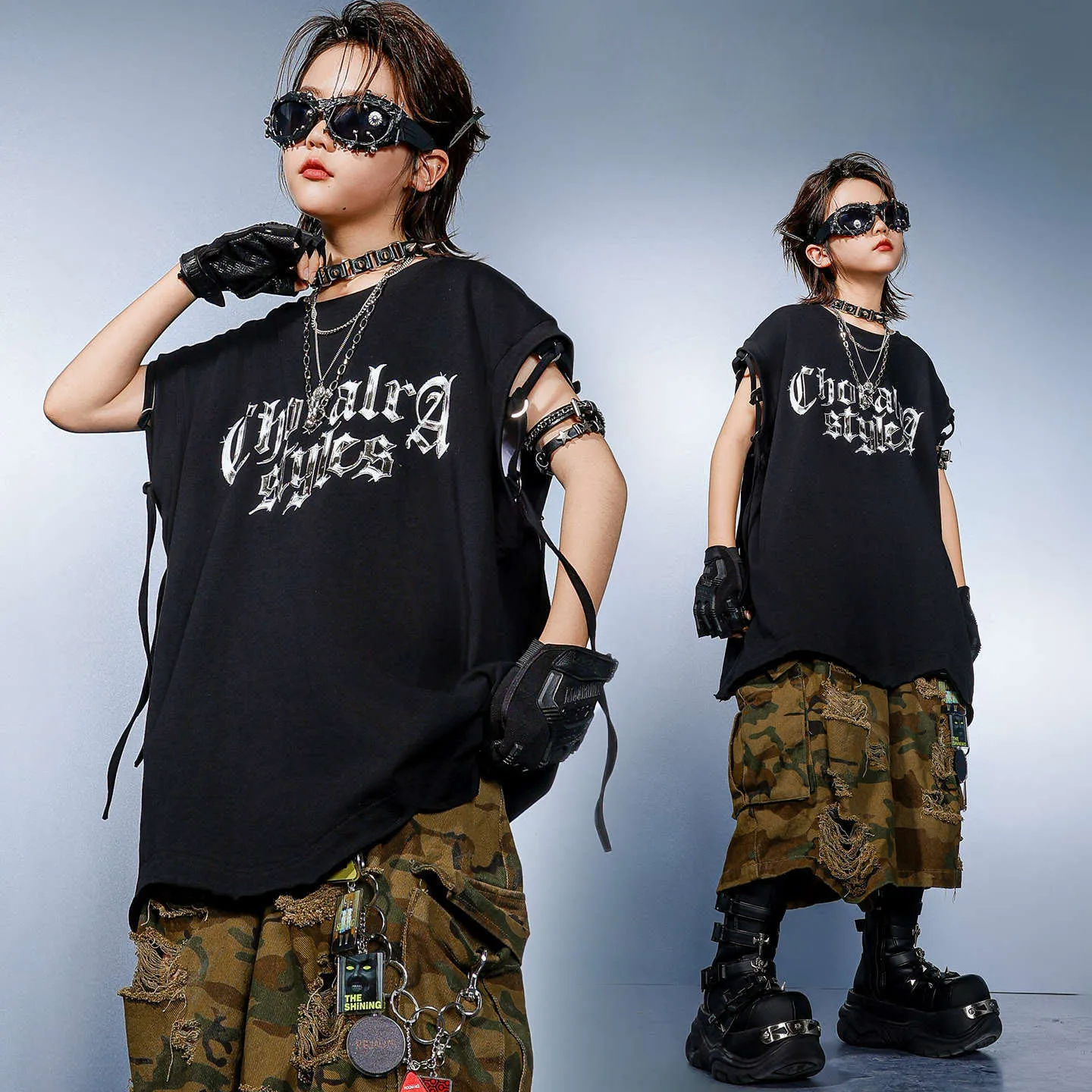 

Kid Kpop Hip Hop Clothing Black Strap Tank Camo Distressed Ripped Cargo Shorts Middle Pants for Girl Boy Dance Costumes Clothes