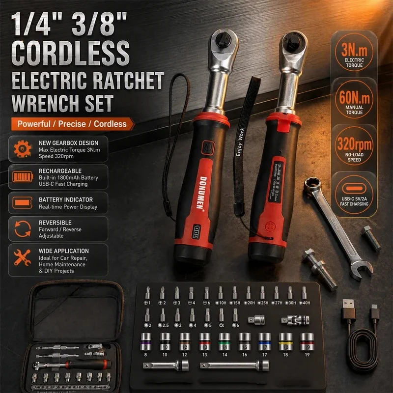 USB-C Rechargeable Electric Ratchet Wrench 3.6V 320 RPM 1/4' 3/8' Bidirectional with LED Battery Indicator for DIY Repair Auto