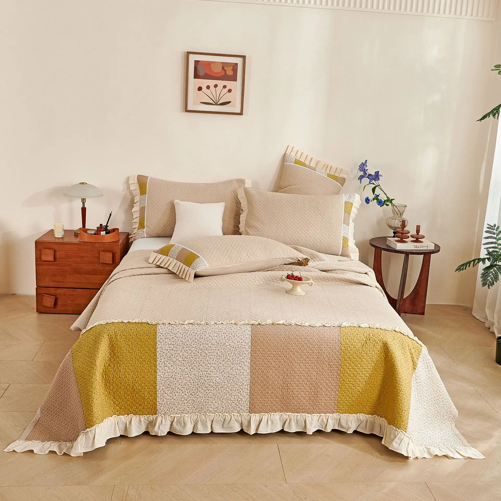 

Rustic Country Patchwork Quilt Set 3PC 100% Cotton Calico Bedspread Cover with Lace Trim Queen Size Home Decor Bedding