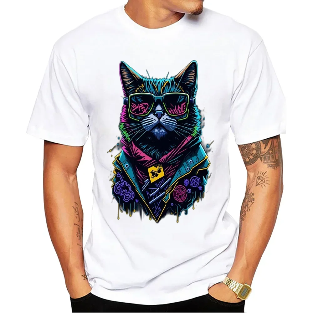 boyun erkekler giyim kısa kollu erkek rahat ile kedi Tops TEEHUB Vintage serin kedi erkek Sunglass baskı T-Shirt Short Sleeve