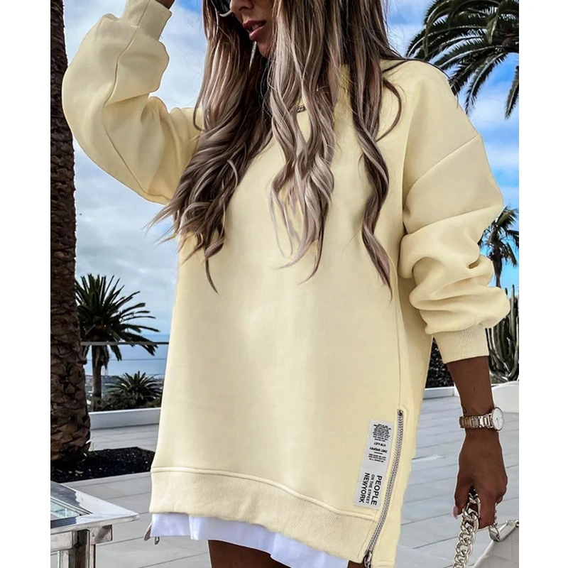 Women Solid Color Pullover Sweatshirt Women Casual Loose O-Neck Sweatshirt Autumn Winter Long Sleeve Zipper Slit Long Sweatshirt