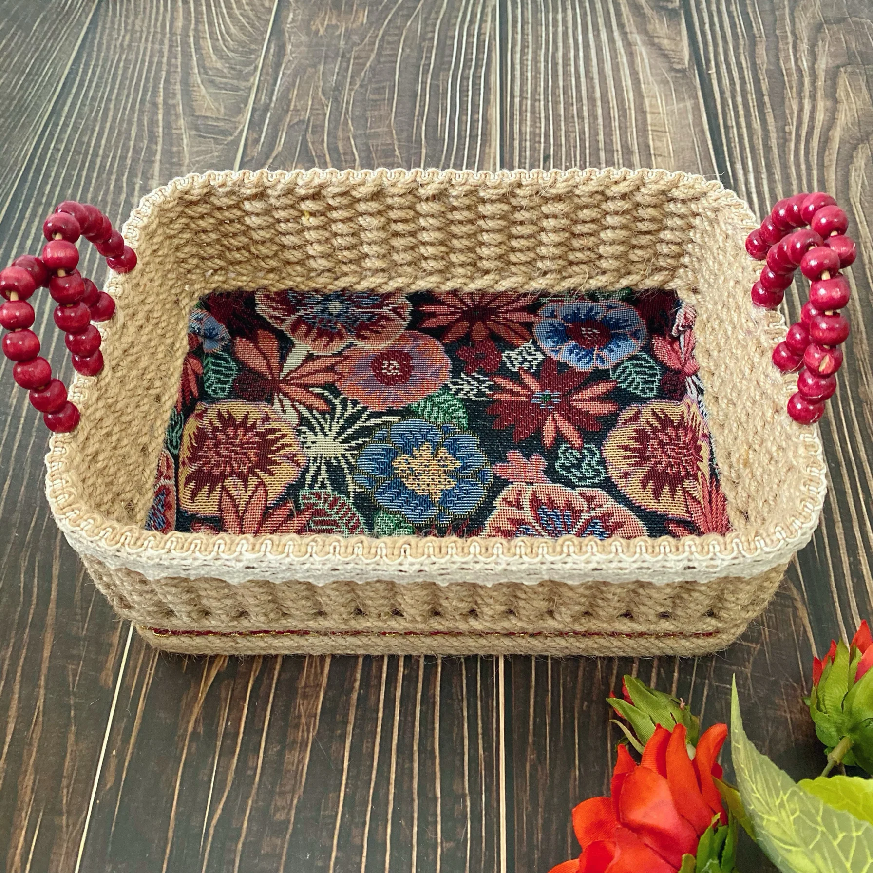 

Oil painting style retro flower hand-woven storage basket snack storage jacquard fabric box desktop