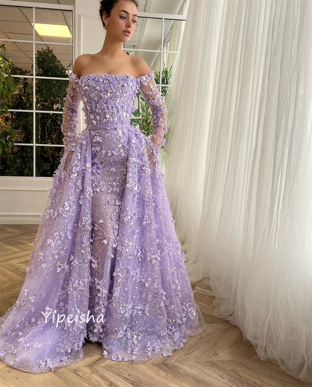 Exquisite Off the Shoulder Ball Gown Beading Sequined Flowers Tulle Bespoke Occasion Dresses Evening