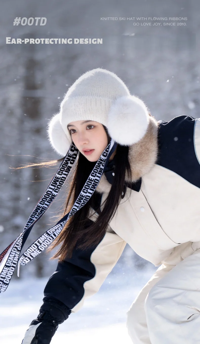 

Зимняя уличная термошапка для женщин, для катания на лыжах, ветрозащитная, морозостойкая, с ушками, с лентой, плюшевая, очаровательная, вязаная шапка-бини