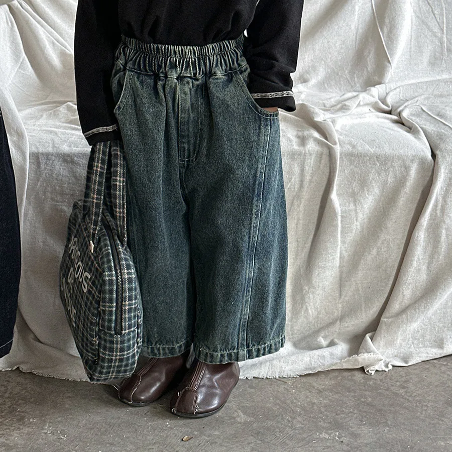 جديد الخريف الاطفال السراويل المستقيمة 1-7Y العصرية نمط الفتيان مرونة الخصر فضفاض السراويل الفتيات طفل عادية Dneim بنطال ذو قصة أرجل واسعة #4