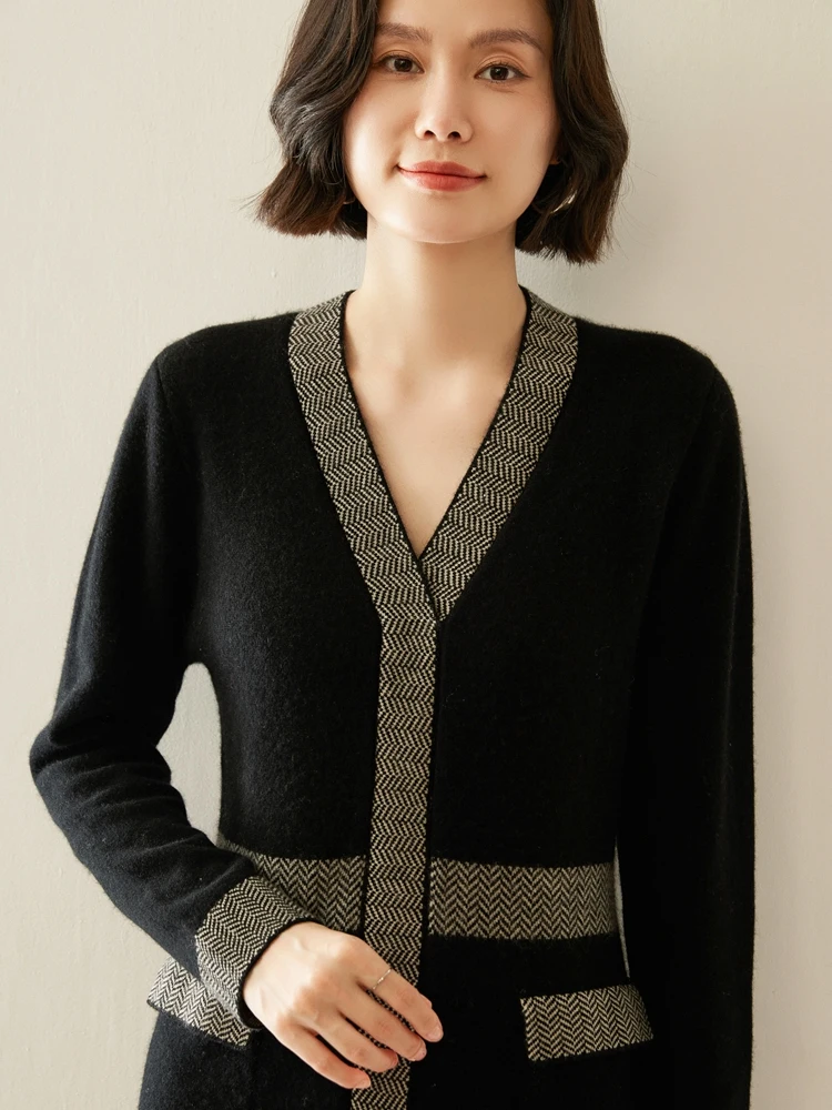 

Luxury 100% Cashmere Women Sweater Dresses V-neck One-piece Dresses Simple Grace Style Autumn Winter Cashmere Knitwear Slim Tops