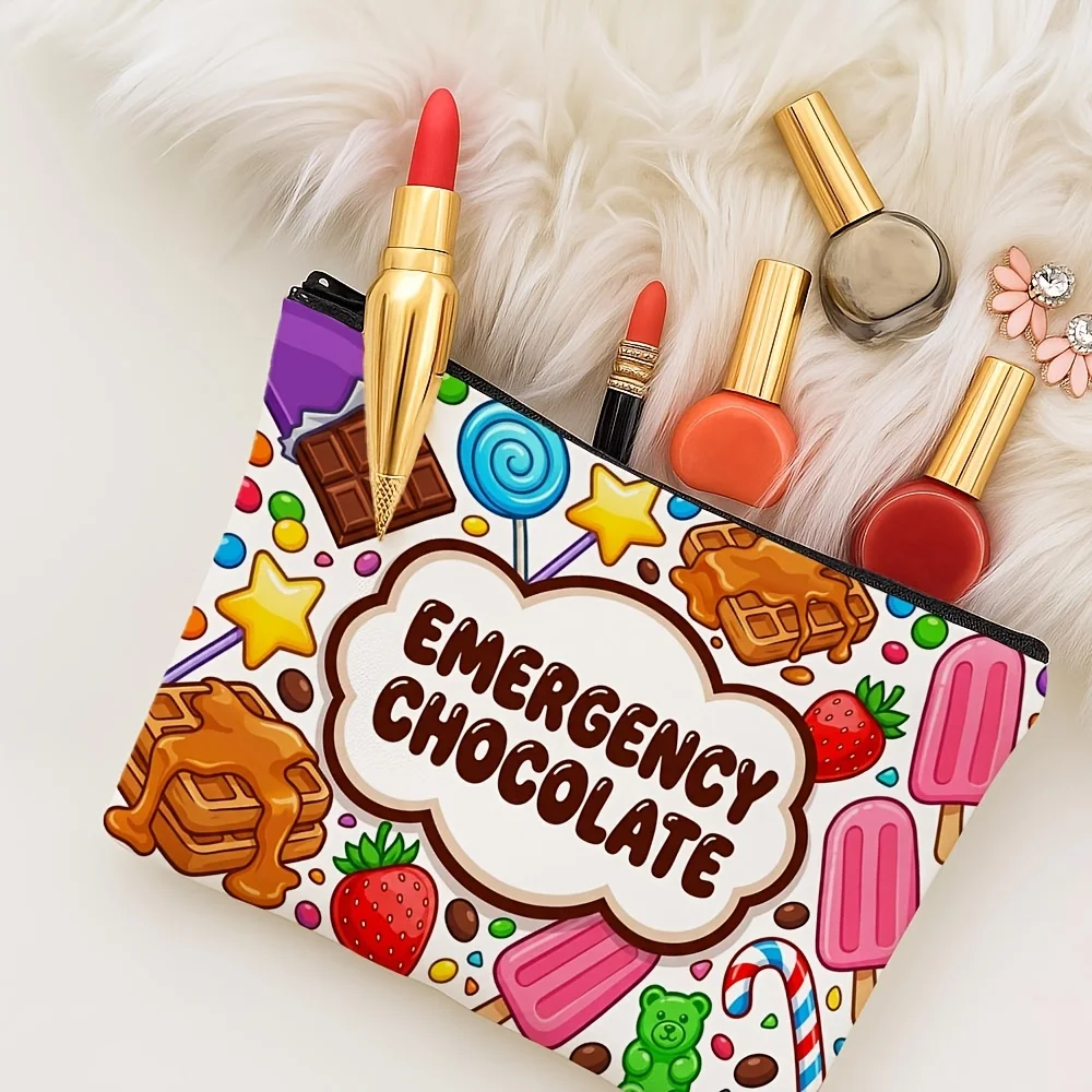 Emergency Chocolate Zipper Pouch Cartoon Sweet Treats Print Cosmetic Travel Pouch Snack Storage Bag Gift Emergency Chocolate