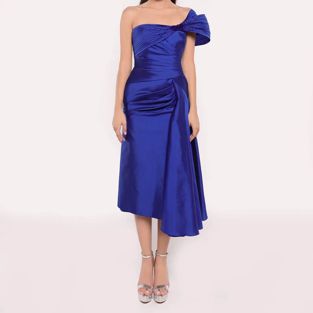 

Women's A-line Cocktail Dresses Tea-length Off The Shoulder Sleeveless Prom Gown Fashion Crystal Simple Pleat Customized Gowns