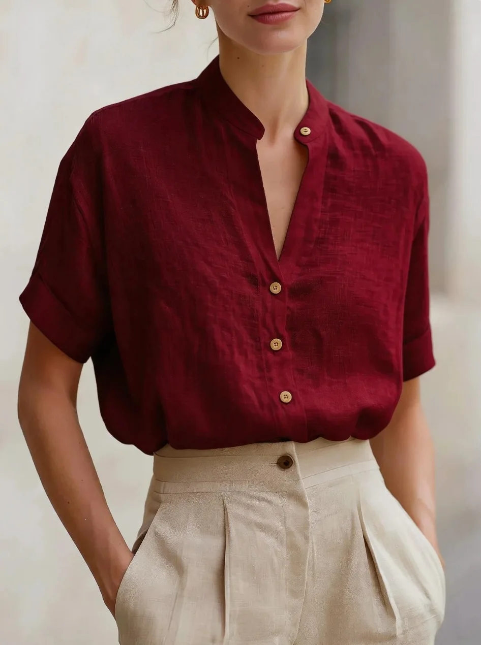 

Women's Shirt Summer New Elegant Casual Commuting Style Solid Color V-Neck Button Design Cotton Linen Fabric Short Sleeved Shirt