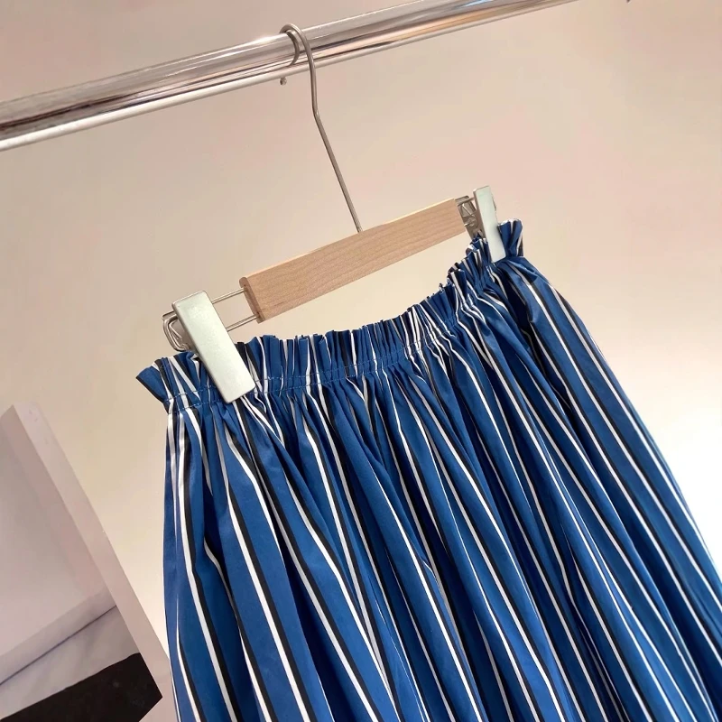   Saia midi feminina casual Sle cintura alta linha A com listras verticais gaze de algodão de seda Ele balanço completo