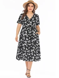 Plus Size Casual Dress Woman Summer V Neck Short Sleeve Floral Print Black Long Dress Pockets Ladies Tunic Maxi Curvy Dresses