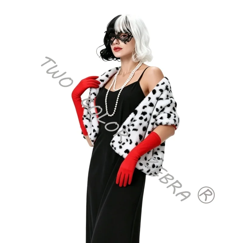 Cruella Deville Cosplay Costume Anime Black and White Witch Cloak Spotted Dog Leopard Print Scarf Wig Gloves Accessories Cos view 2