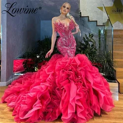 Lowime Luxury Mermaid Celebrity Dresses 2024 Couture Long Prom Dress Robe Beaded Crystals Arabic Wedding Party Gowns For Women